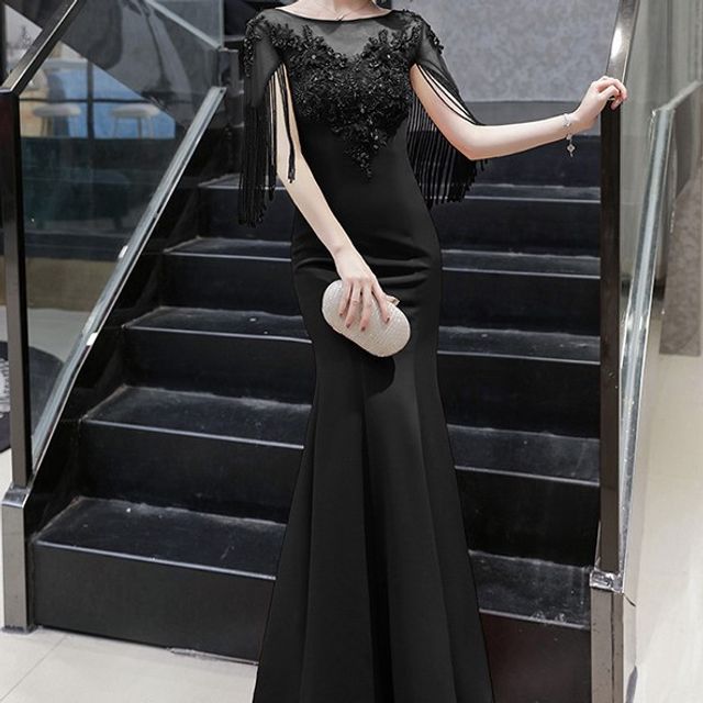 Short-Sleeve Boat Neck Plain Flower Embroidered Beaded Fringe Panel Mesh Mermaid Evening Gown