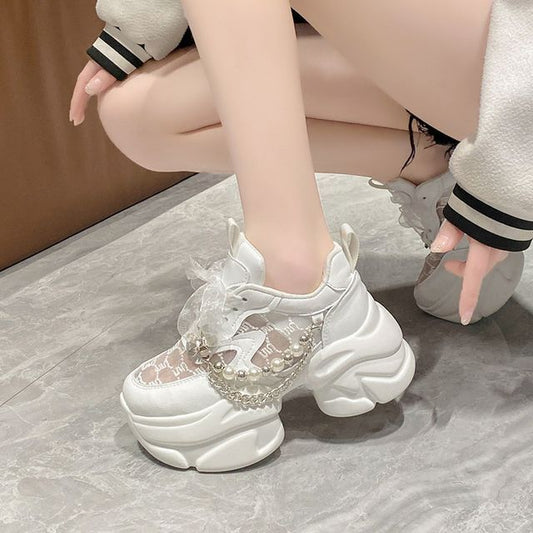 Lace-Up Faux Lace Panel Pattered Sneakers Pearl Platform