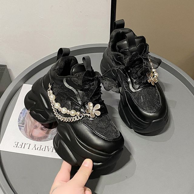 Lace-Up Faux Lace Panel Pattered Sneakers Pearl Platform