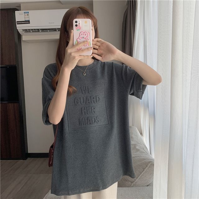 Embossed Tee Oversized Crew Elbow-Sleeve Lettering Plain Neck