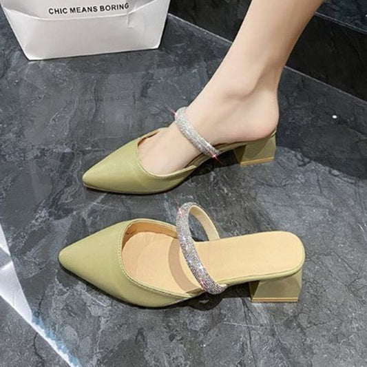 Slide Chunky Sandals Heel Rhinestone