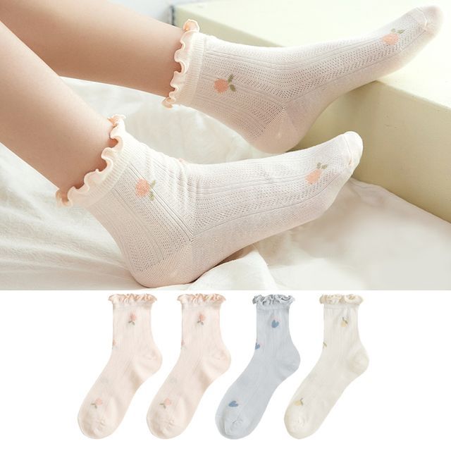 Set of 4 Pairs: Floral Print Lettuce Edge Socks