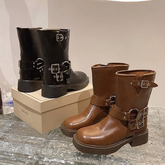 Boots Buckled Chunky Short Heel