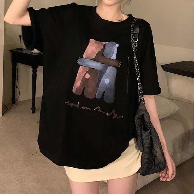 T-Shirt Print Neck Illustration Crew Elbow-Sleeve