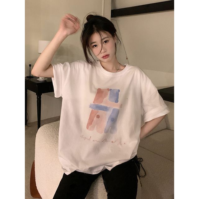 T-Shirt Print Neck Illustration Crew Elbow-Sleeve