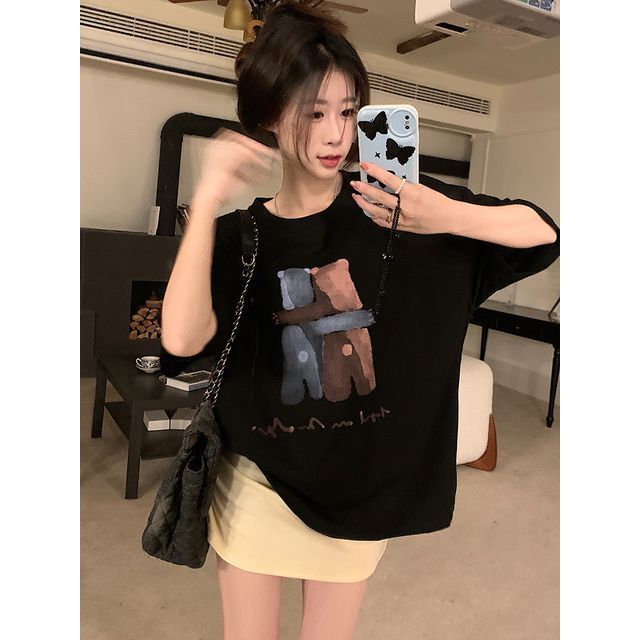 T-Shirt Print Neck Illustration Crew Elbow-Sleeve