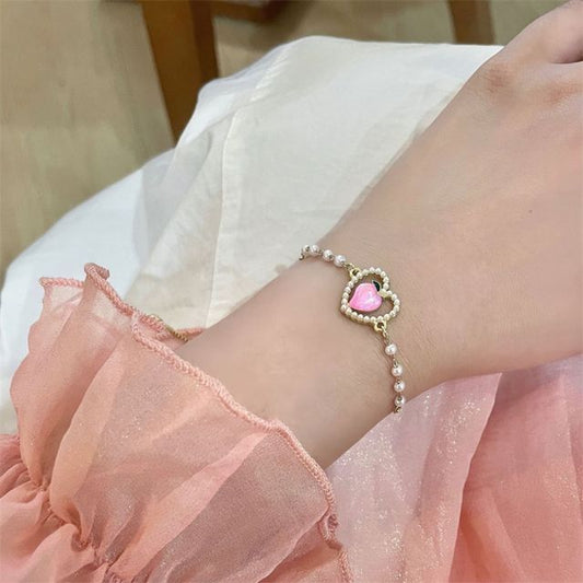 Peach Faux Heart Pearl Bracelet