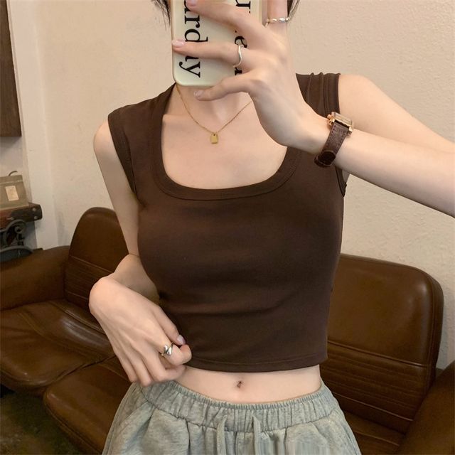 Crop Neck Square Plain Tank Top