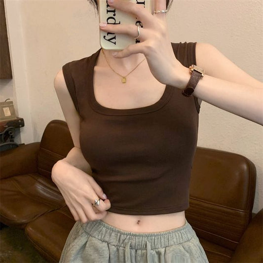 Crop Neck Square Plain Tank Top