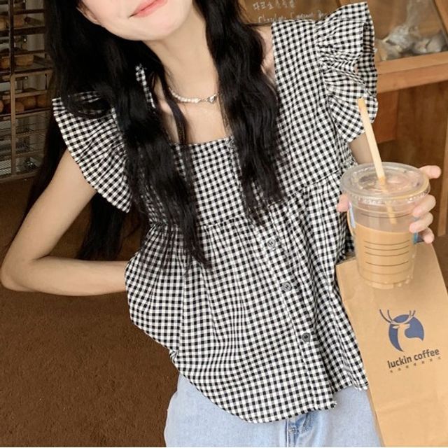 Ruffle Blouse Gingham Sleeveless