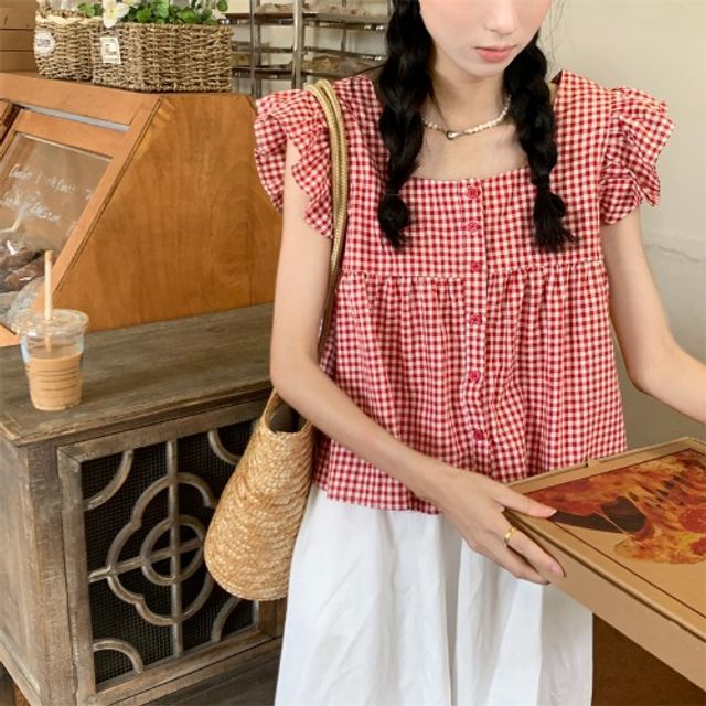 Ruffle Blouse Gingham Sleeveless