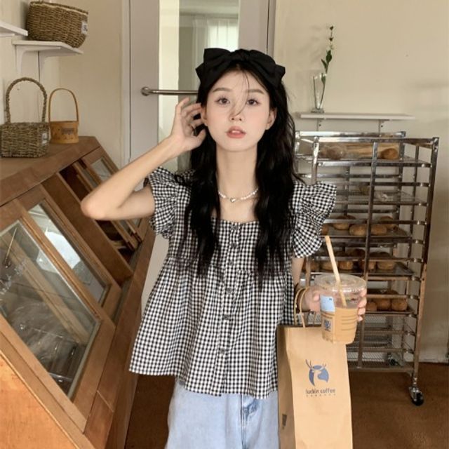 Ruffle Blouse Gingham Sleeveless