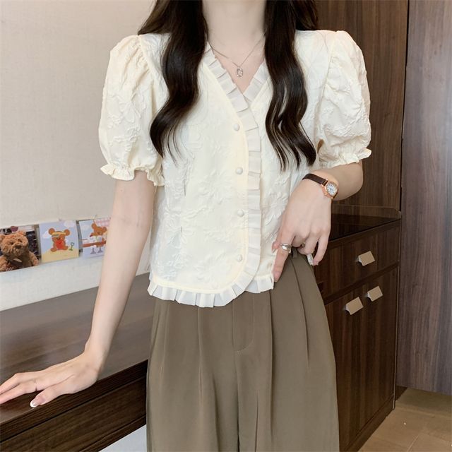 Jacquard Blouse Frill Short-Sleeve V-Neck