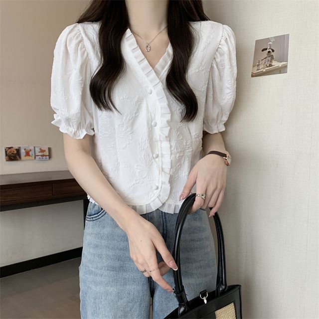 Jacquard Blouse Frill Short-Sleeve V-Neck