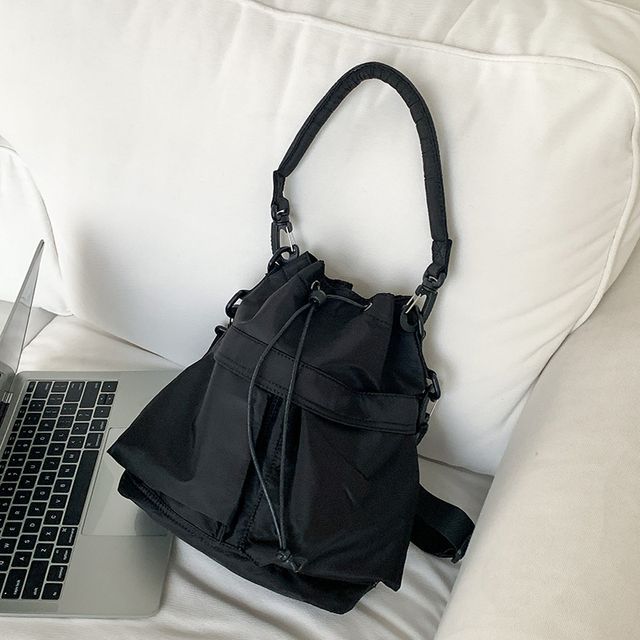 Nylon Multi-Pocket Drawstring Bucket Bag