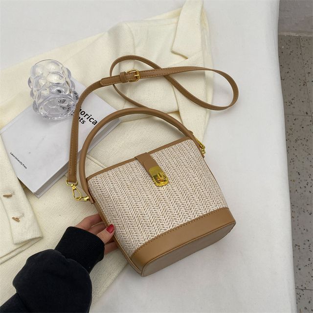 Woven Top Handle Buckled Bucket Bag