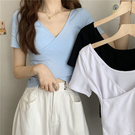 Wrap V-Neck Plain T-Shirt Crop Short-Sleeve