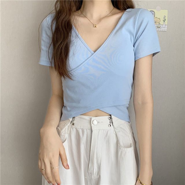 Wrap V-Neck Plain T-Shirt Crop Short-Sleeve