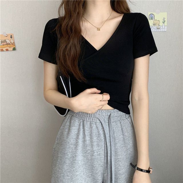 Wrap V-Neck Plain T-Shirt Crop Short-Sleeve