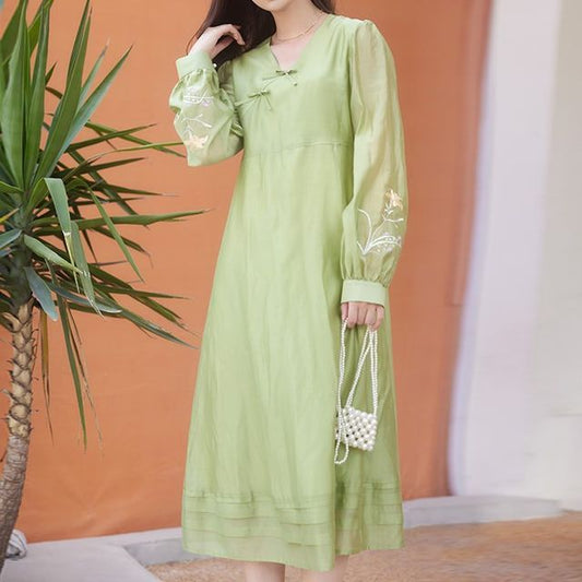 Puff-Sleeve Floral Embroidered Frog Buttoned Ruffled Midi A-Line Dress