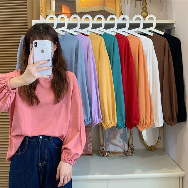 Neck Plain Sleeve Round T-Shirt Balloon