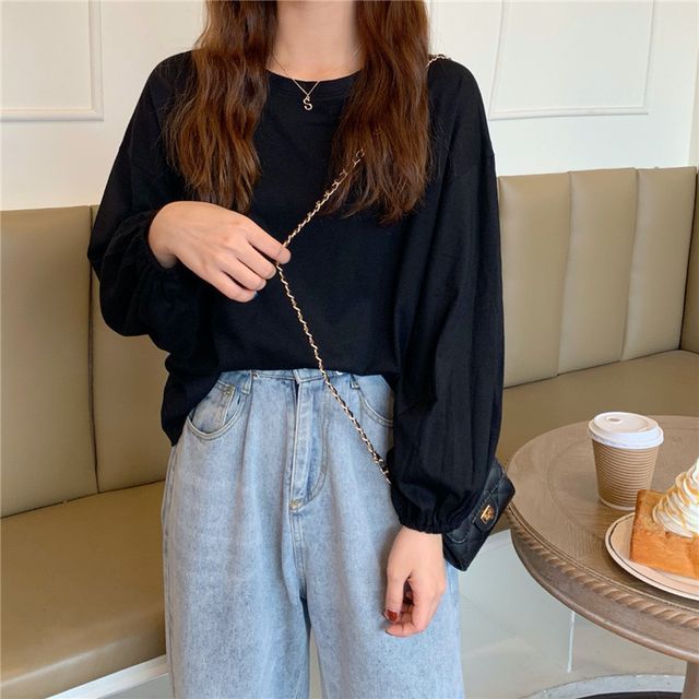 Neck Plain Sleeve Round T-Shirt Balloon