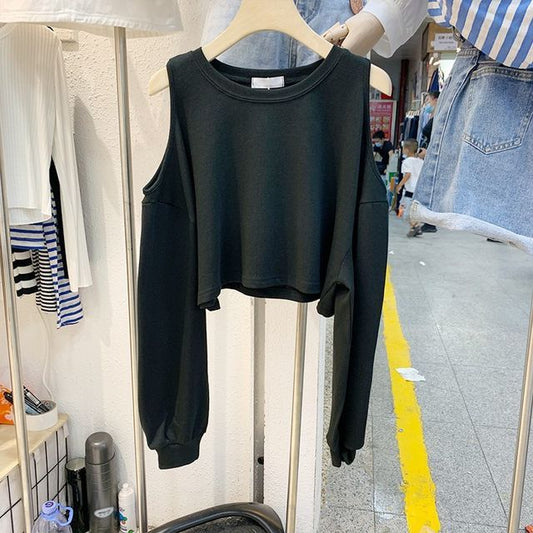 Plain Crop Shoulder Tee Cold Long-Sleeve