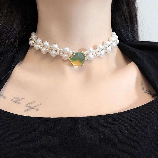 Alloy Gemstone Choker Faux Pearl