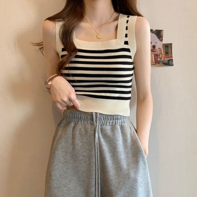 Tank Neck Striped Top Square Crop