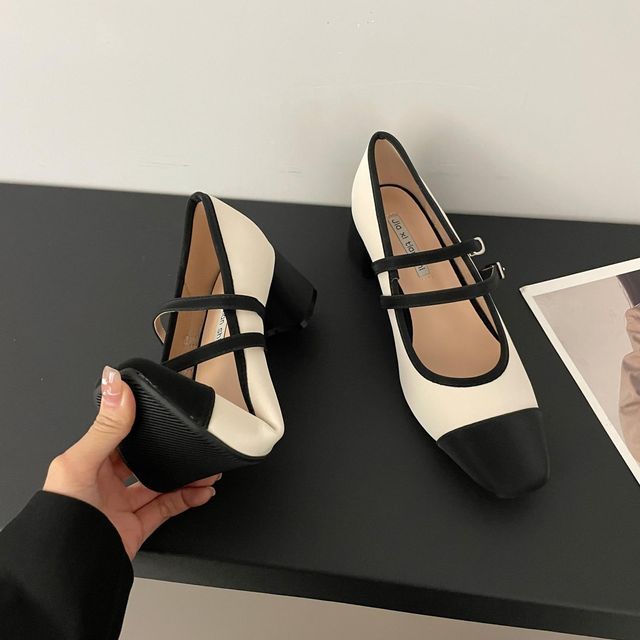 Cap Toe Double-Strap Chunky Heel Mary Jane Pumps