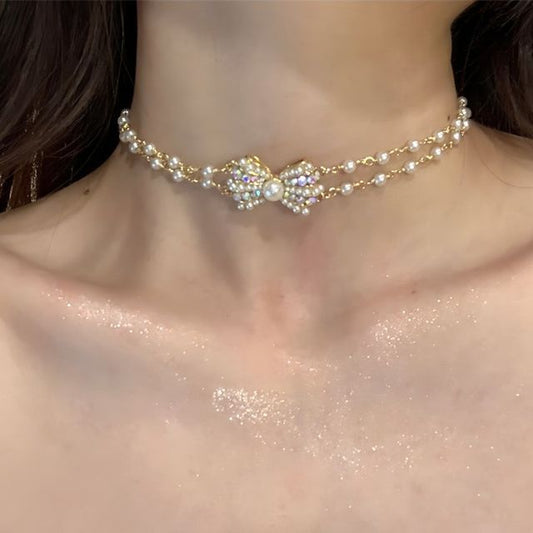 Choker Bow Faux Alloy Layered Pearl