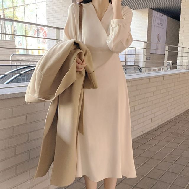 Long-Sleeve V-Neck Wrap Plain Midi Dress