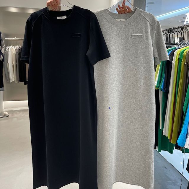 T-Shirt Short-Sleeve Dress Midi Plain Crew Neck