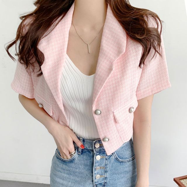 Short-Sleeve Lapel Collar Button Blazer