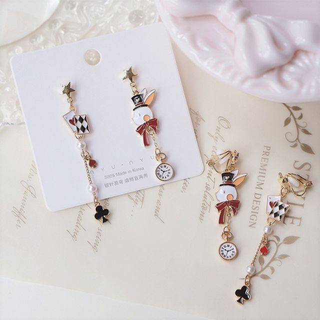 Enamel Rabbit Poker Asymmetrical Drop Earring / Clip On Earring