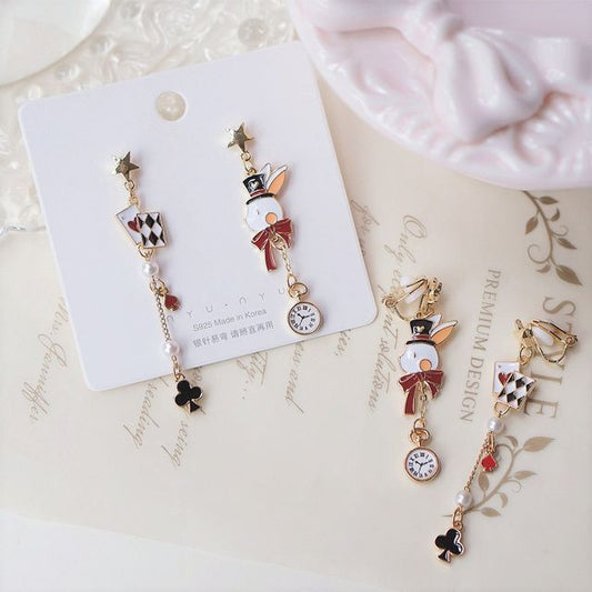 Enamel Rabbit Poker Asymmetrical Drop Earring / Clip On Earring