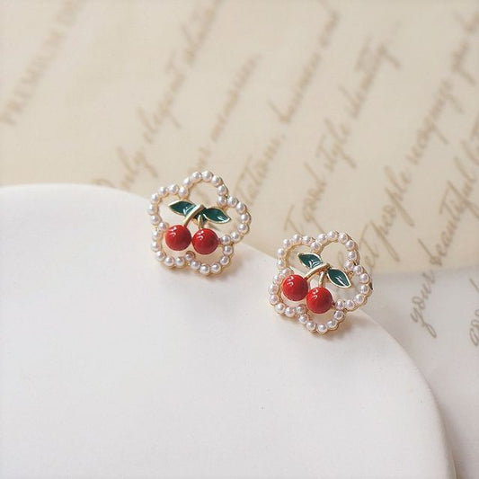 Earring Cherry / Clip Flower Faux Stud Pearl On