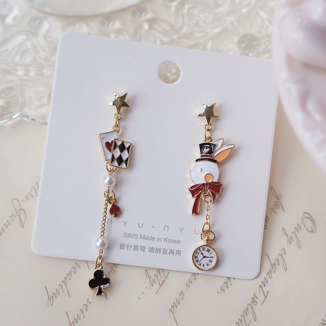 Enamel Rabbit Poker Asymmetrical Drop Earring / Clip On Earring