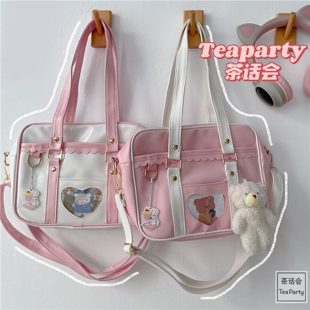 Cartoon Print Faux Leather Tote Bag / Bag Charm / Set