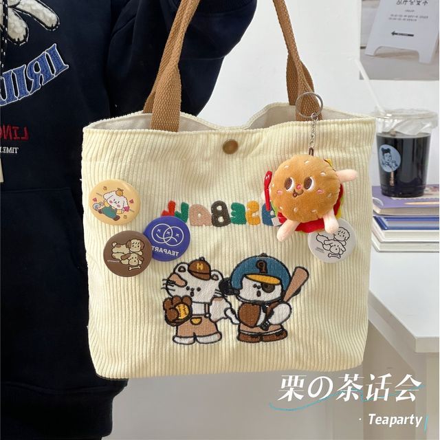 Cartoon Embroidered Tote Bag / Bag Charm / Set