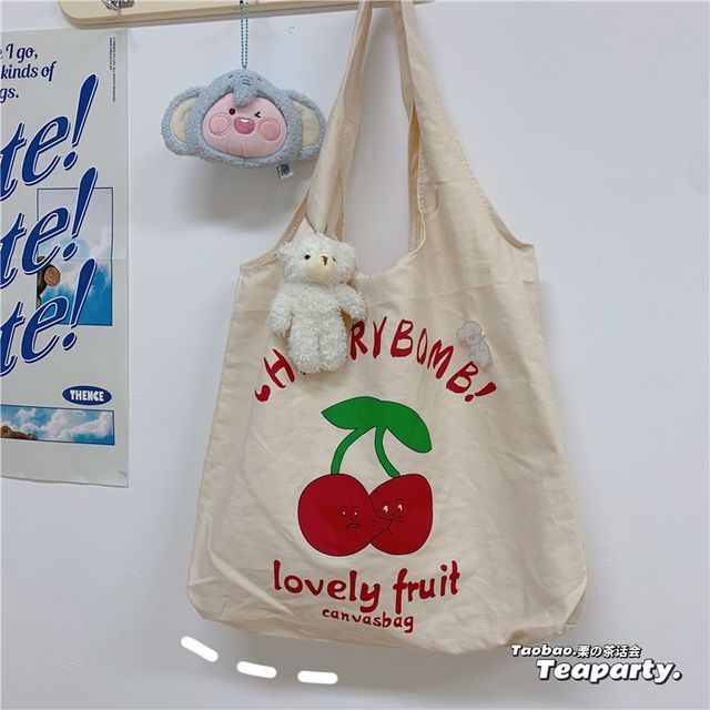 Lettering Cartoon Print Shopper Bag / Bag Charm / Set