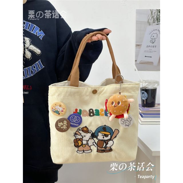 Cartoon Embroidered Tote Bag / Bag Charm / Set