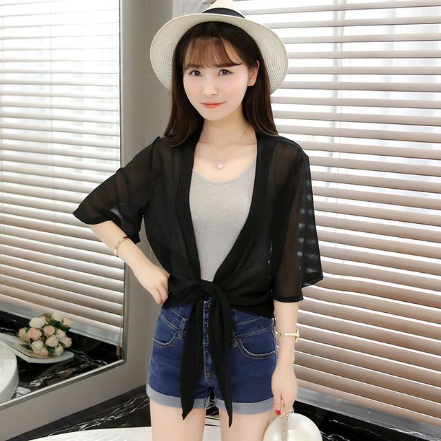 Chiffon Elbow-Sleeve Jacket Crop Front Plain Tie