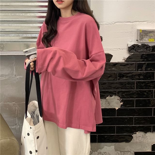 Neck Long-Sleeve Plain Oversized Round T-Shirt Slit