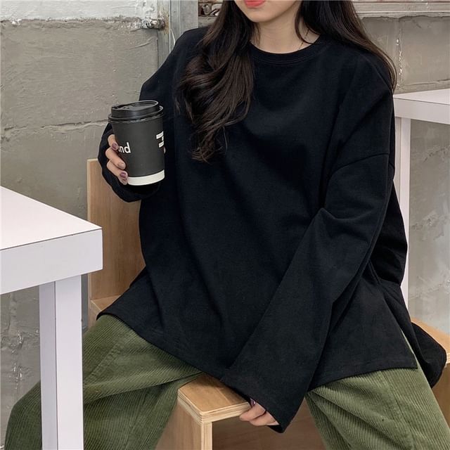 Neck Long-Sleeve Plain Oversized Round T-Shirt Slit