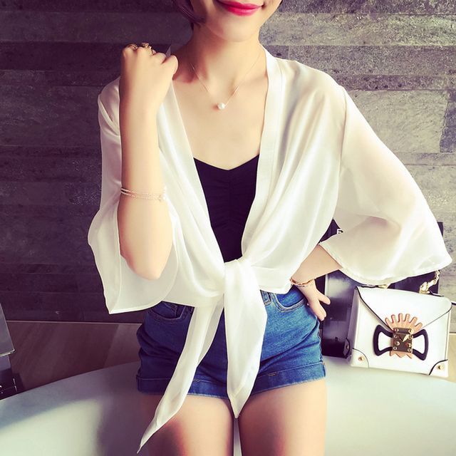 Tie Front Crop Plain Chiffon Elbow-Sleeve Jacket
