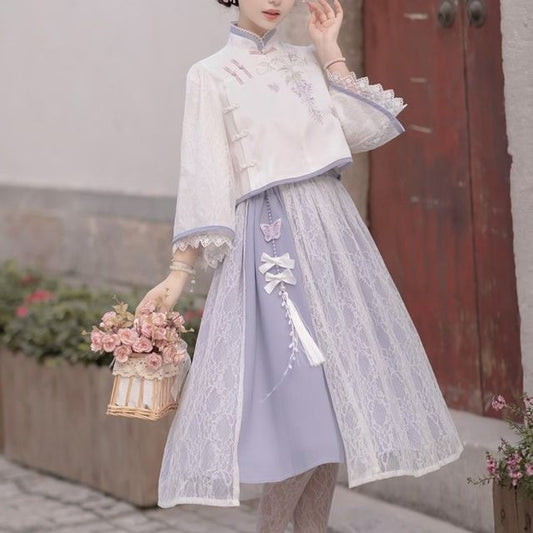 Lolita 3/4-Sleeve Qipao Top / High Rise Overlay Midi A-Line Skirt / Set