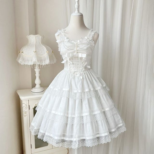 Robe Lolita trapèze unie sans manches à col en U et à volants