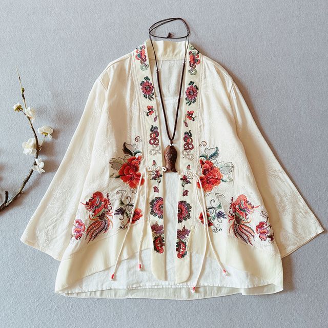 Flower Embroidered Open Front Jacket