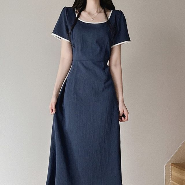 Short-Sleeve Square Neck Contrast Trim Midi A-Line Dress